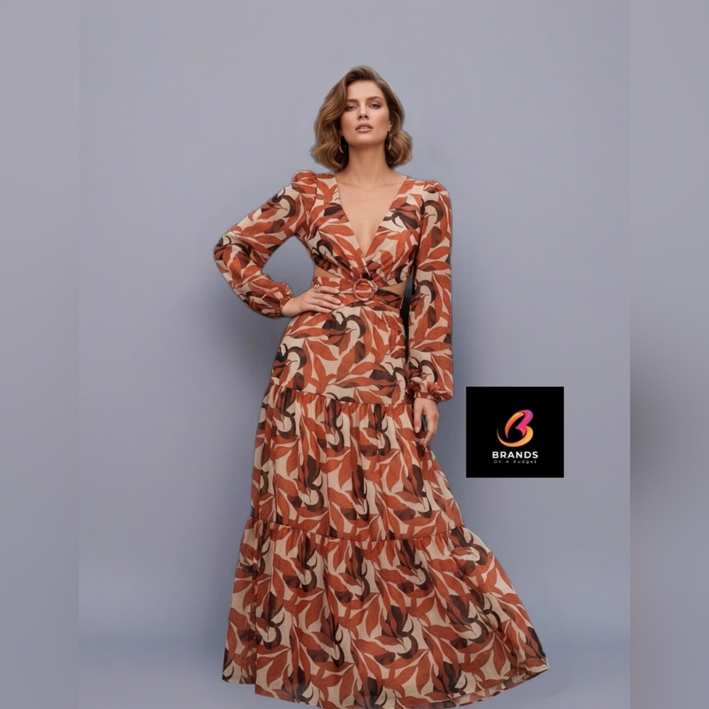 GIANNI BINI Copper Palm Print Long Sleeve Deep V-Neck Cut-Out Tiered MAXI